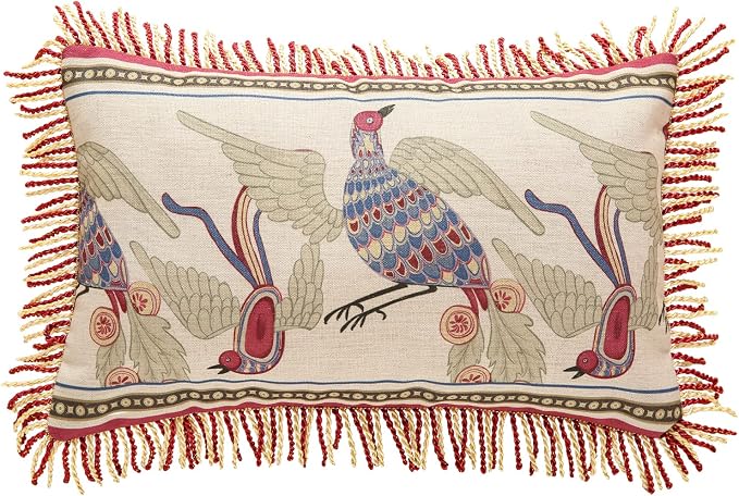 patdrea Designer Vintage Linen Throw Pillow Cover,12"x20"-Schumacher D | Elegant Decorative Pillow Case,Bird Pattern with Fringe Trim,Cushion Coverfor Couch Living Room Bedroom Sofa