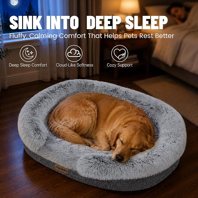 Fluffy Orthopedic Dog Beds Large Sized Dog, 43" Bolster Sofa Bed | Soft plush faux fur,lowered entry,washable cover,waterproof liner,claming dog couch for x-large dogs,supportive bolster