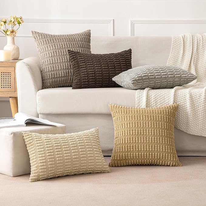 MIULEE Corduroy Decorative Throw Pillow Covers 16x16 Tan Pack of 2 | Soft Neutral Boho Striped Pillow Covers Modern Farmhouse Home Decor For Sofa Living Room Couch Bed