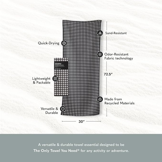 Nomadix Original Towel - Perfect for Beach, Pool, Travel, Camping, Yoga - Made with Recycled Materials - Super Absorbent - Sand Resistant - Gingham Black - 72.5x30