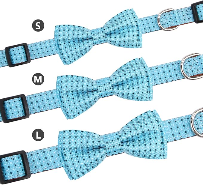 Bow Tie Dog Collar Checkered Pattern Sky Blue with Bowtie for Boy Girl Dogs Large