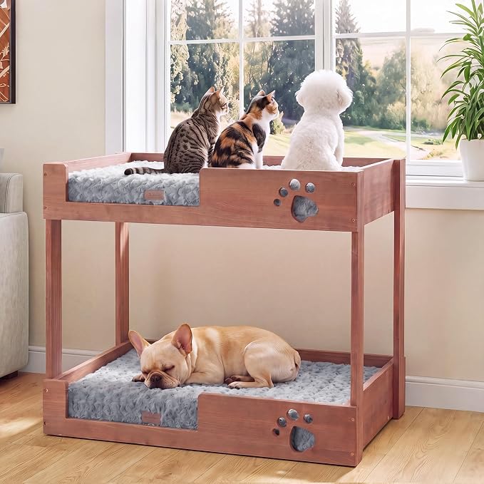 Wooden Bunk Dog Bed with 2 Memory Foam Beds | Modern Pet Furniture, Waterproof Liners, Washable Covers, 31.1 x 20.9 x 29.9 in, Bedside Window Perch, For Medium Dogs & Cats