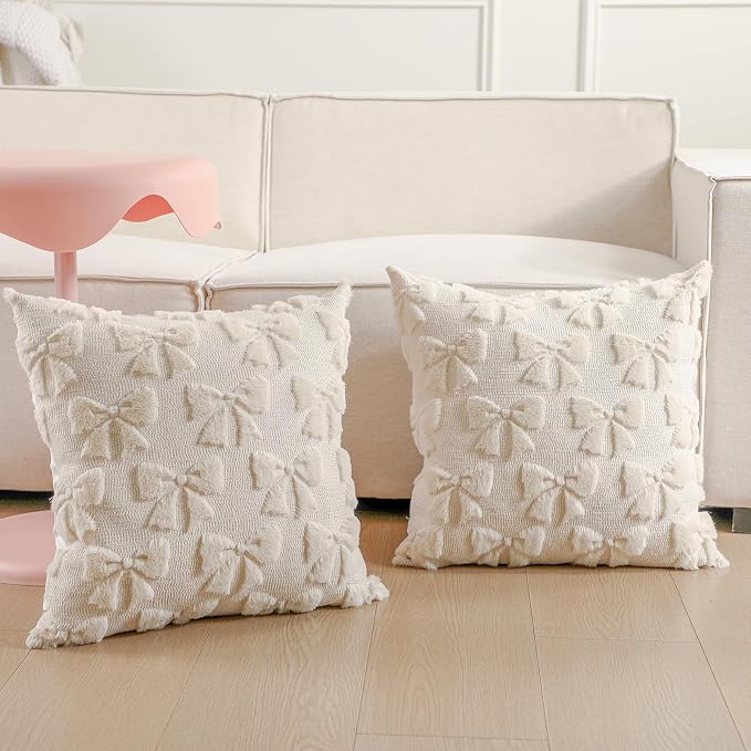 Mixweer Beige Bow Pillow Covers Set of 2 Preppy Room Decor Coquette Cute Spring Summer Decorative Faux Fur Soft Bowknot Stuff Fluffy Plush Aesthetic Pillowcase for Bed Sofa Couch (20 x 20 Inch)
