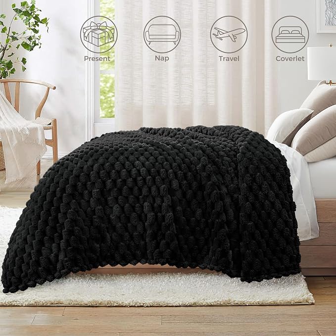 Whale Flotilla Soft Fleece Twin Size Bed Blanket Luxury 3D Jacquard, Black | Lightweight Coverlet Bedspread, Super Cozy Plush Fluffy Fuzzy All‑Season Decorative Blanket for Bed, Dorm Essentials, 60"x80"