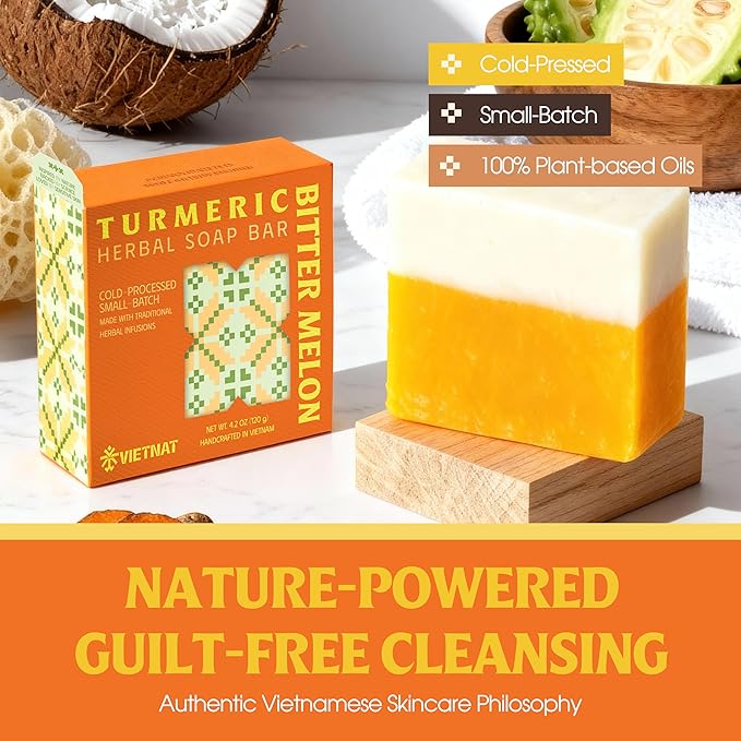 Turmeric & Bitter Melon 2-in-1 Natural Soap Bar (4.2 oz) | Herbal Freshness & Gentle Refreshing Cleanse | Cold-Processed, Handmade in Vietnam (Pack of 1)