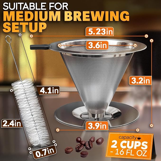 Stainless Steel Pour Over Coffee Maker With Cleaning Brush & Non-Slip Silicone Handle - 2 Cups Capacity 600 Mesh Stainless Steel Pour Over Coffee Dripper With Secure Wide Base, Clean Flavor Paperless