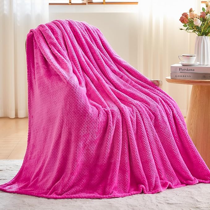NEWCOSPLAY Fleece Leaves Pattern Twin Blanket, Hot Pink, 60"x80" | Super Soft Throw Blanket, Lightweight Cozy Bed Sofa Blanket, Premium Silky Flannel Fleece, Travel Blanket for All Season Use