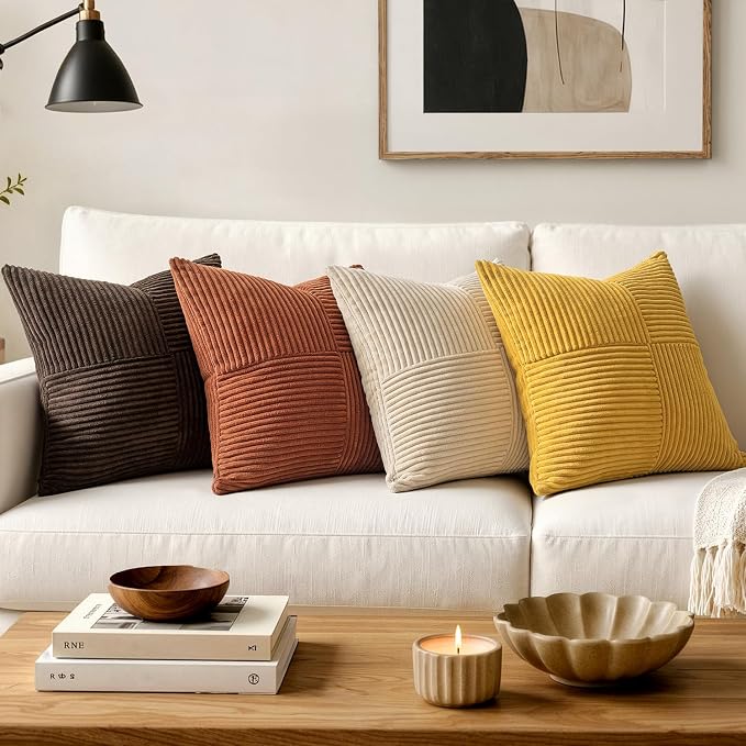 MIULEE Mustard Yellow Decorative Lumbar Throw Pillow Covers 12x20 in 2 Pack | Summer Boho Farmhouse Pillow Covers, Soft Cross Corduroy Patchwork Textured Cushion Cases For Bed Sofa