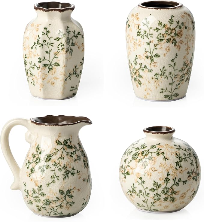 Ceramic Flower Small Vase for Home Decor, Vintage Green Mini Vase Set of 4 | Rustic Farmhouse Floral Vase for Kitchen, Living Room, Mantel, Coffee Table, Bookshelf, Entryway, Wedding Centerpiece