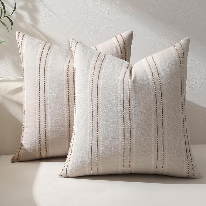 Hckot Fall Throw Pillow Covers 18x18 Set of 2 Striped Pillow Covers Textured Linen Decorative Pillows Square Cushion Covers for Sofa Couch Bed Living Room Farmhouse Decor(Caramel)