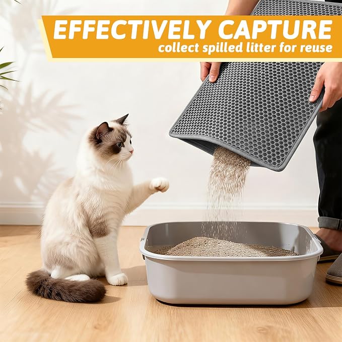Pieviev Cat Litter Mat, Double-Layer Waterproof Litter Trap, 24" x 15" Gray | Honeycomb Design Catches Scattered Particles to Stop Tracking, Urineproof Base Protects Floors, Easy to Clean