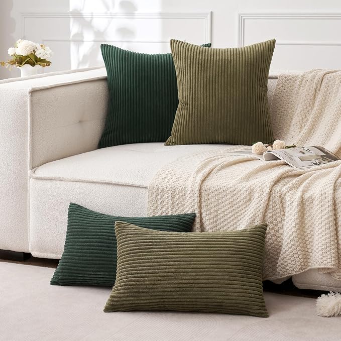 MIULEE Decorative Corduroy Throw Pillow Covers Set of 2 18x18 Army Green | Soft Striped Textured Cushion Cases, Boho Natural Greenery Pillowcases for Home Decor, for Couch Chair Sofa Bed Living Room