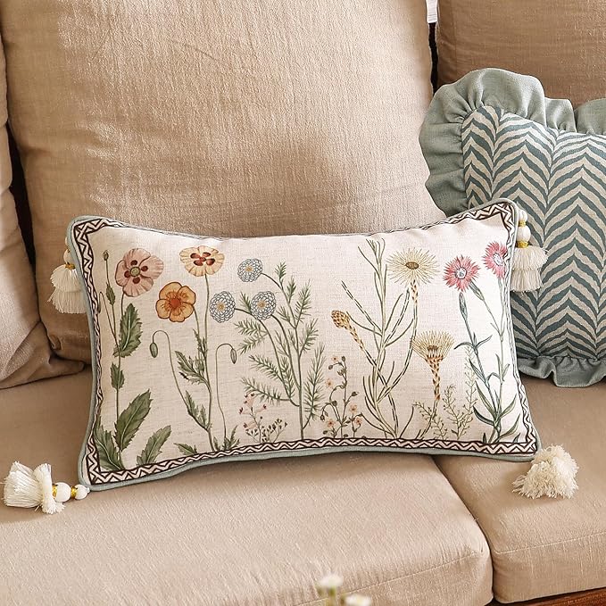 Designer Vintage Linen Throw Pillow Cover,20"x12"-Serenity D | French Elegant Rectangle Decor Pillow Cover,Concealed Zipper Design,Light Beige,Sofa,Bedroom,Living Room,Chairs