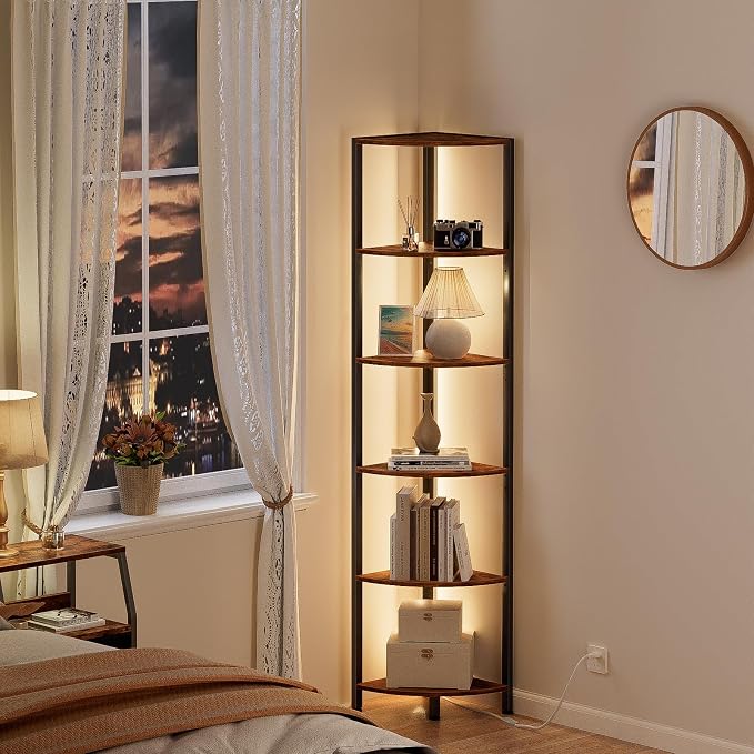 6 Tier Corner Shelf with LED Light, 67.5" Corner Narrow Bookshelf | Tall Standing Shelf Organizer, Storage Rack for Wall Corner, Living Room, Bedroom, Metal Frame, Wood Display Shelf