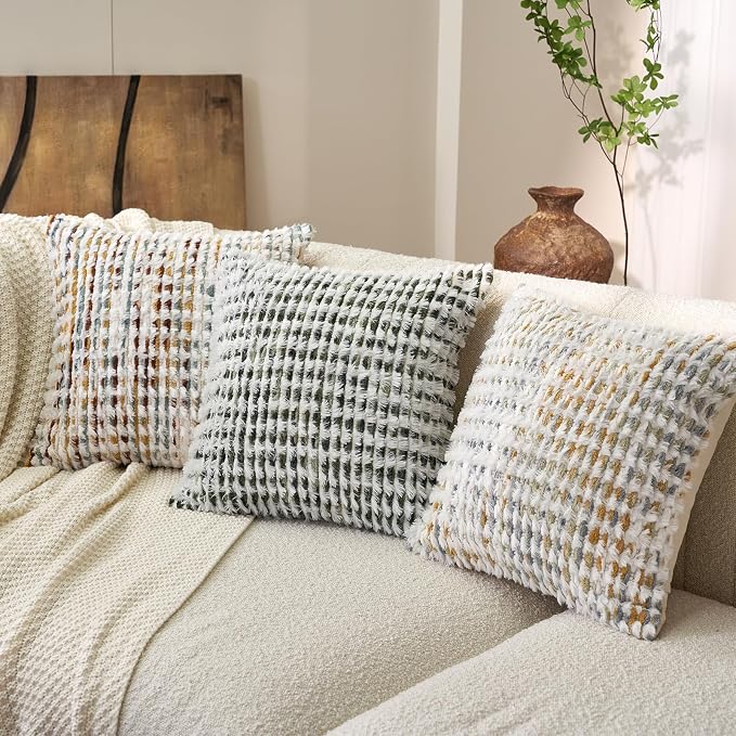 Aeckself Boho Chenille Tufted Pillow Cover 20 x 20 Inch, Decorative Square Throw Pillow Cover Neutral Pillowcase for Couch Bedroom Living Room, Green White