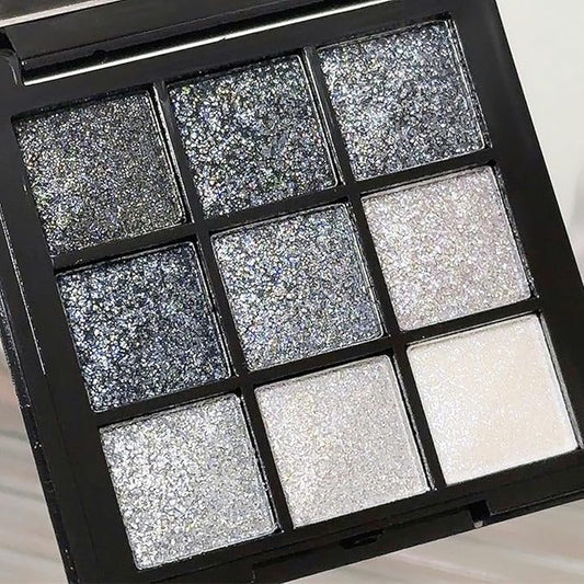 9 Colors Glitter Eyeshadow Palette, Black Silver Gray White Goth Shimmer Sparkly Eye Shadow Makeup Palette, Metallic Eyeshadow, Smokey Eye Glitter Makeup Sombras De Ojos