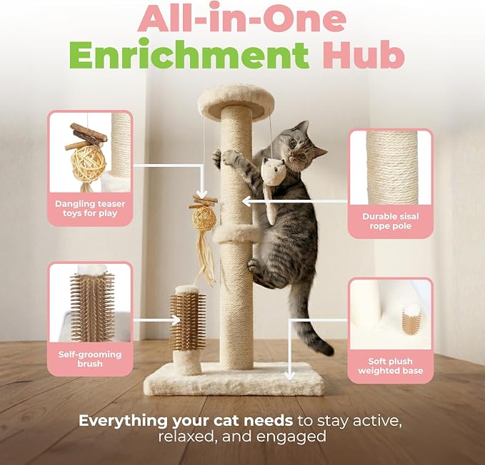 Best Pet Supplies Catify Cat Scratching Post - Beige H: 25" | 11" x 11" x 25", Interactive Cat Pole, Built-In Toys, Durable Sisal, Furniture Protector, For Indoor Kittens and Cats