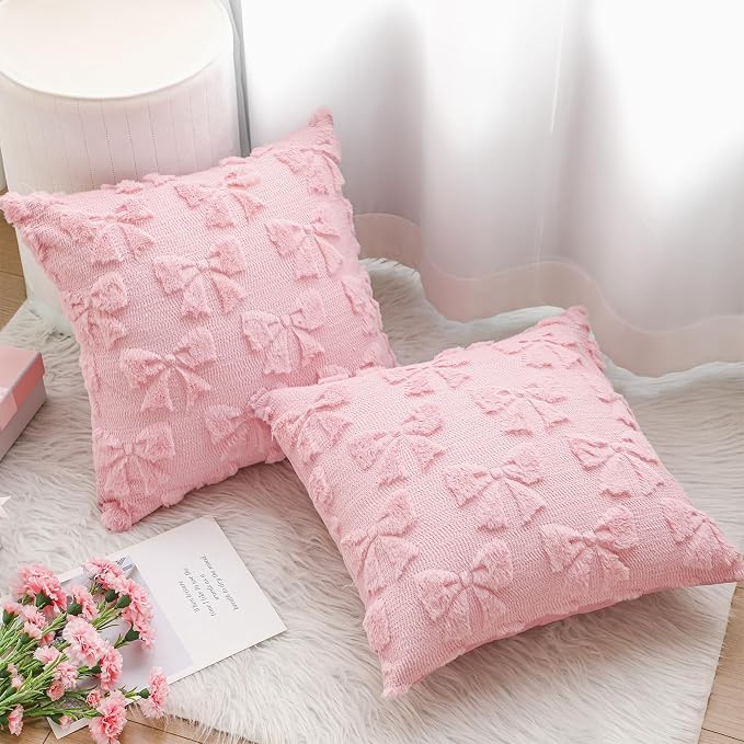 Mixweer Dark Pink Bow Pillow Covers Set of 2 Preppy Room Decor Coquette Cute Spring Summer Decorative Faux Fur Soft Bowknot Stuff Fluffy Plush Aesthetic Pillowcase for Bed Sofa Couch (18 x 18 Inch)