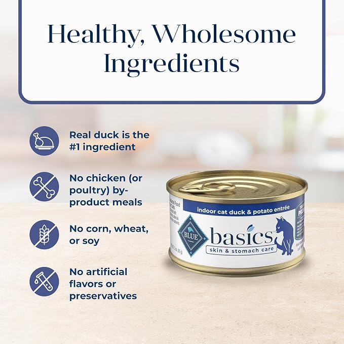 Blue Buffalo Basics Duck Grain-Free Wet Cat Food, 3 oz, 24 ct | Skin & Stomach Care, Real Duck #1 Ingredient, Limited Ingredient Diet, Antioxidant-Rich LifeSource Bits, Skin & Coat Health
