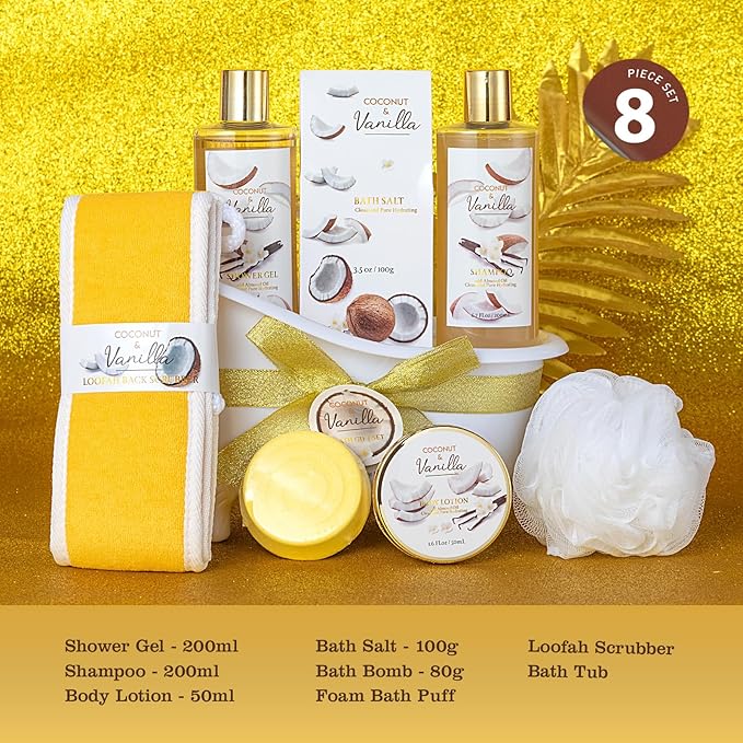 Mothers Day Gifts for Women and Men - 8-Piece Bath Kit Coconut Vanilla Bath & Body Gift Set for Women Self Care Spa Gift Baskets | Perfect Gifts for Mom, Birthday Gift, All Occasion Holiday Present