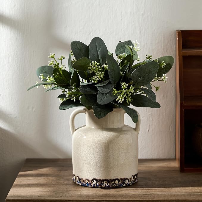Emotionally Grounded Vase, Vaseking Ceramic Rustic Vase with 2 Handles, 5.83 inch Minimalist Decorative Farmhouse Vases for Home Decor, Living Room, Enterway, Table Decoration, White