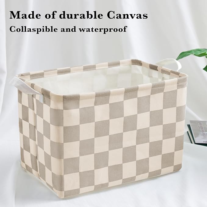 Ohocut Beige Khaki Checkered Canvas Basket, Rectangular Organizing Decorative Storage Basket for Kids Dog Toy, Cute Aesthetic Race Cars Boy Room Decor for Home, Kitchen, Bedroom, Classroom, Shelves