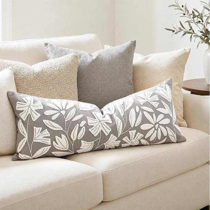 Long Lumbar Pillow Cover 14x36 for Bed, Light Gray Floral Tufted Velvet Accent Oversize Throw Pillowcase for Bedroom, Cover Only
