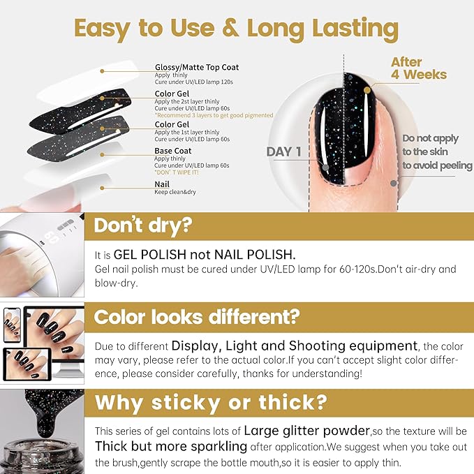 YTD Likomey Gel Nail Polish,15ml Colorful Black Glitter Nails Gel,Fall Winter Shiny Sparkly Salon Home DIY Manicure UV Color Varnish,HEMA Free TPO Free,SF441
