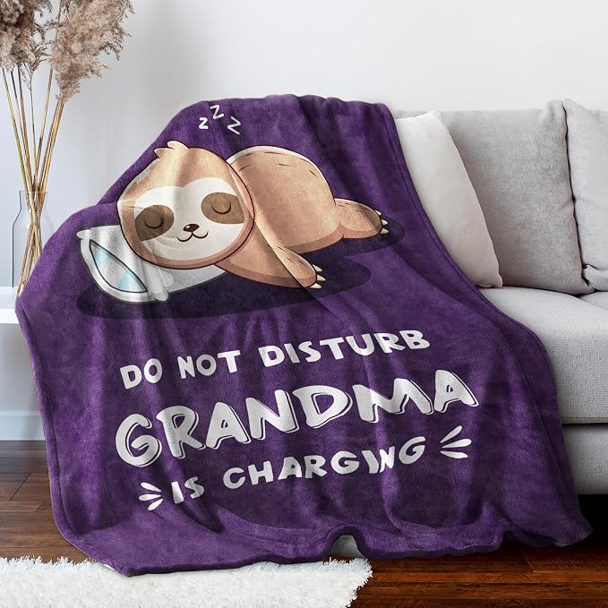 Leebbsin Funny Gifts for Grandma, Grandma Birthday Gift from Grandkids | Grandma is Charging Sloth Blanket 60" x 50", Purple, Grandmas Gift for Christmas Mothers Day, Soft Sloth Blanket for Grandma