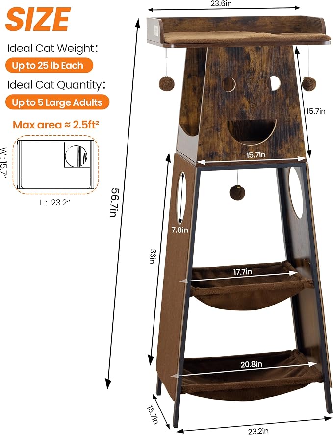 56in Modern Wood Cat Tree Tower for Indoor Cats with Hammock | Multi-Level Climbing Design, 2 Spacious Hammocks, Perch, Cat Condo, Scratching Board, Ideal for Multi-Cat Homes, Rustic Brown