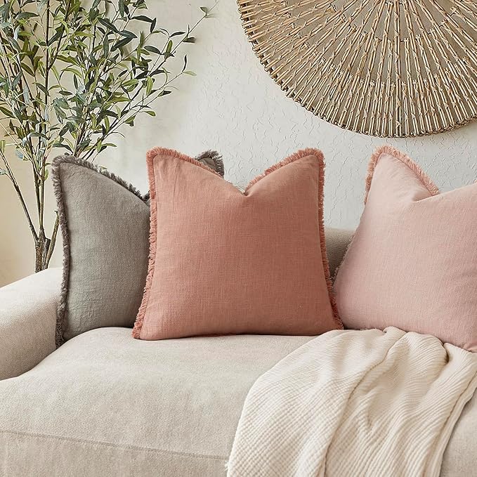 Foindtower Set of 2 Decorative Linen Fringe Throw Pillow Covers Cozy Boho Farmhouse Cushion Cover with Tassels Soft Accent Pillowcase for Couch Sofa Bed Living Room Home Decor,20×20 Inch,Coral Pink
