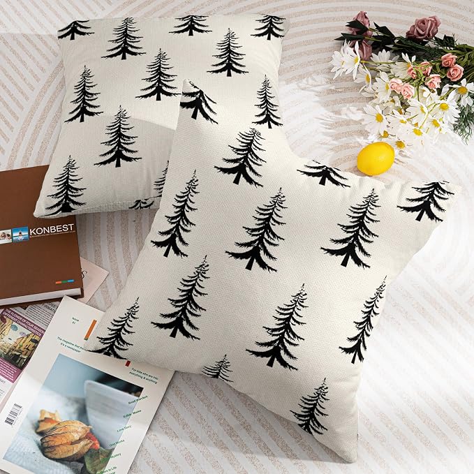 Christmas Pillow Covers 22X22 Inch Set of 2 Rustic Black White Xmas Tree Decorative Pillow Cases Winter Holiday Cotton Linen Cushion Case Farmhouse Home Decor for Sofa Couch Bedroom
