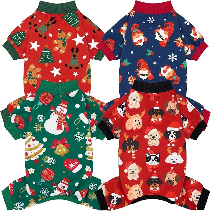 XPUDAC 4 Pack Dog Christmas Pajamas Stretchy Dog Clothes for Medium Large Dogs Girl Boy Christmas Puppy Outfit Pet Jumpsuits Pjs Winter Cat Costume, 4XL