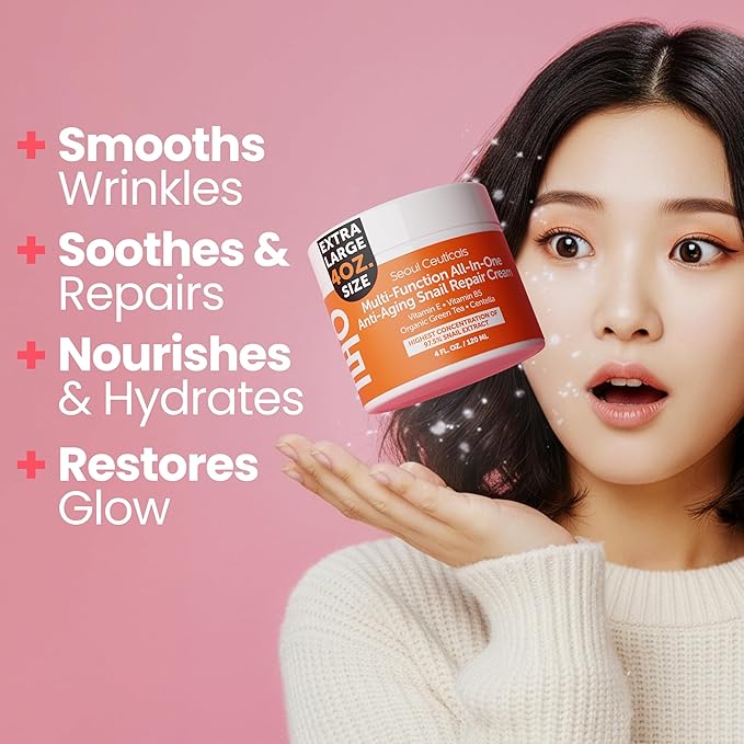 SeoulCeuticals Large 4oz 97.5% Snail Mucin Moisturizer Cream Korean Skin Care - K Beauty Skincare Day & Night Snail Repair Cream Filtrate Cruelty Free