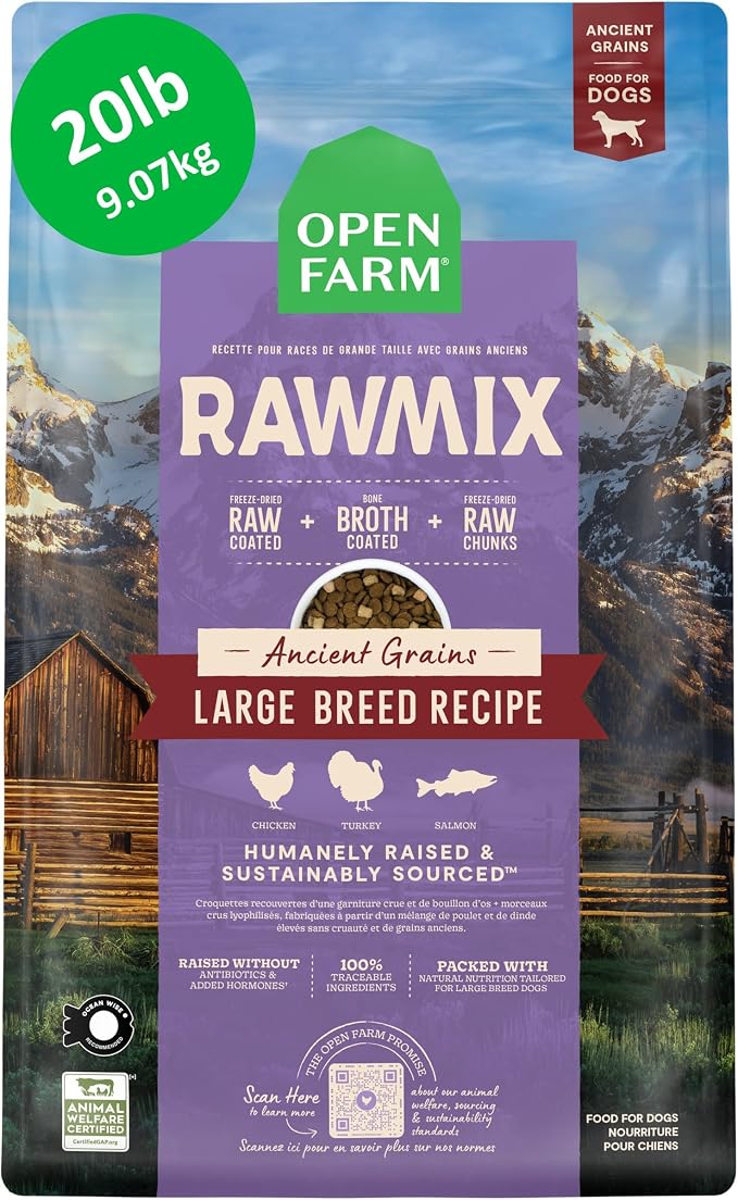 Open Farm RawMix Ancient Grains Dry Dog Food, Large Breed Kibble, 20lb Bag | Wild Caught Salmon, Humanely Raised Chicken & Turkey, Freeze Dried Raw Chunks, 100% Traceable Ingredients.