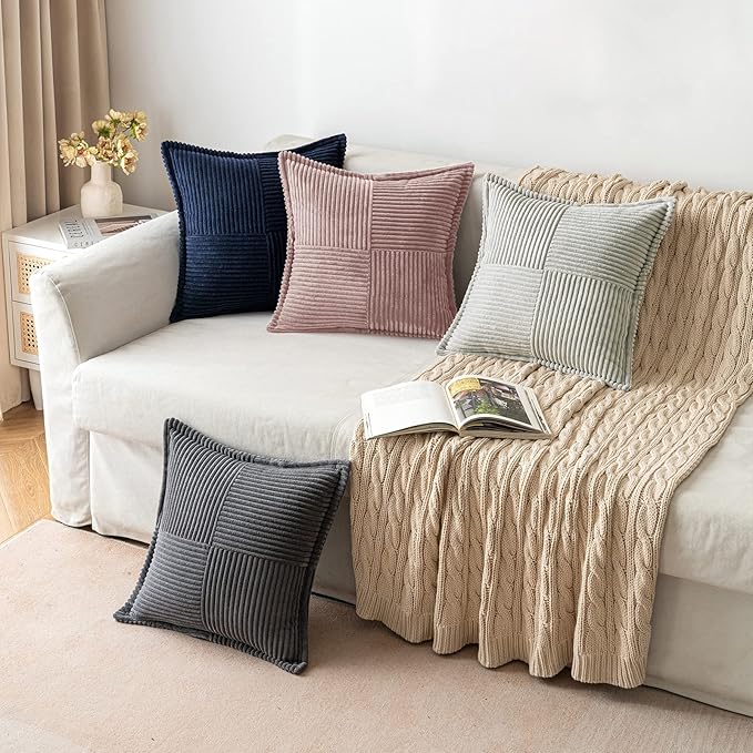 MIULEE Decorative Throw Pillow Covers for Couch 18x18 Inch Blush Pink | 2 Pack, Boho Broadside Striped Patchwork Pillow Covers, Soft Corduroy Cushion Cases, For Sofa Bed Livingroom Home Decor