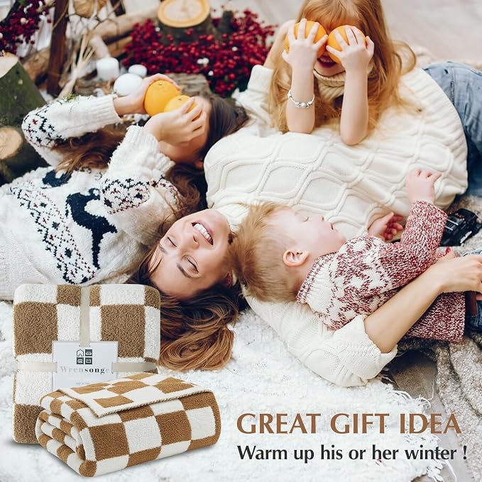 Soft Twin Size Checkered Blanket for Bed-Cozy Knitted Blankets | Lightweight Fluffy Warm Decor for Women, Mom, Her & Girls, Sofa, Chair, Couch, 60x80in,Burnt Orange
