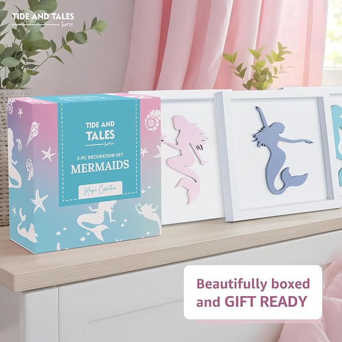 Tide and Tales Elegant 3D Mermaid Wall Decor, Framed Wooden Set of 3 Silhouettes in Pastel Colors, Mermaid Bathroom Decor, Ocean Room Decorations for Girls Bedroom, Ocean Wall Art