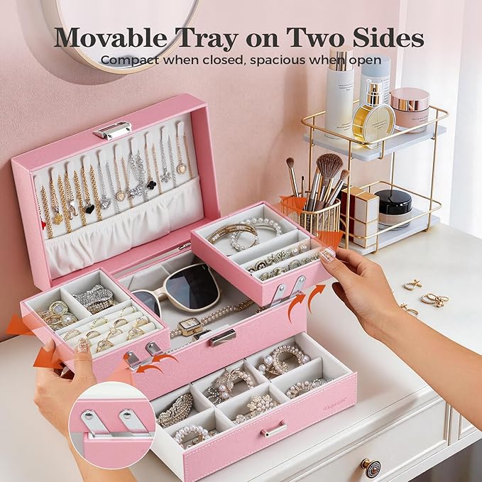 Jewelry Organizer Box, Large Jewelry Boxes for Women Girls, Space-Saving 3 Layers Jewelry Storage Case with Drawer, Gift Idea, Movable Metal Stand, Modern (Pink)