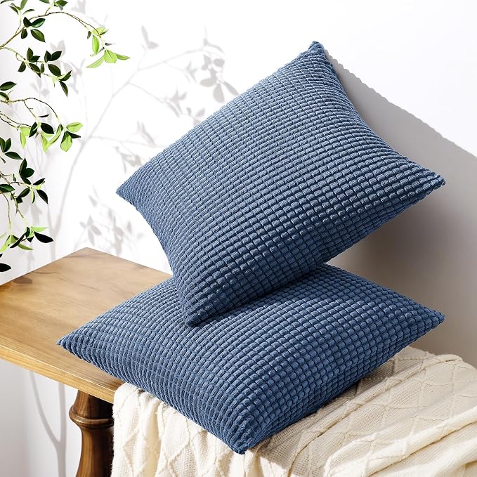 Softalker Corduroy Decorative Throw Pillow Covers 18x18, 2 Pack, Navy Blue | Soft Boho Striped Pillow Cases, Couch Fluffy Cushion Covers for Farmhouse Home Decor Bed Living Room