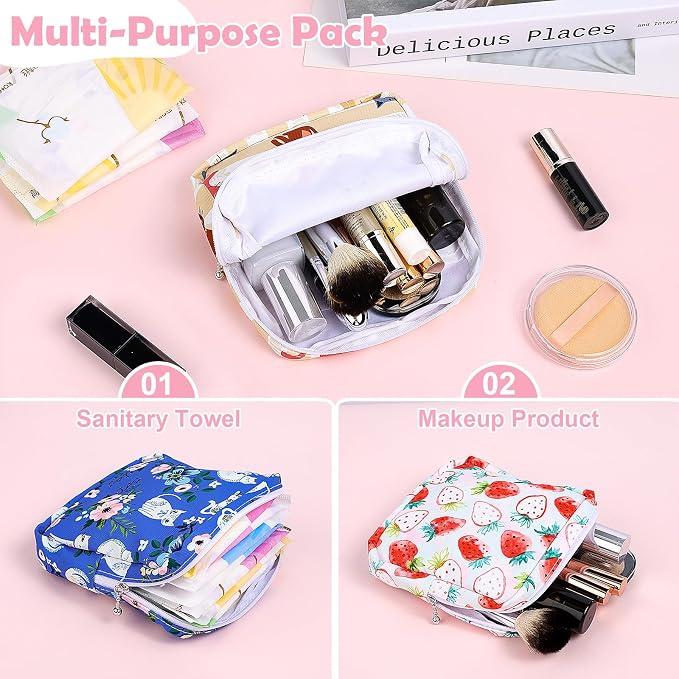 Sanitary Pad Storage Bag Portable Period Bag for Teen Pads/Sanitary Napkins/Small Tampons, Sanitary Napkin Storage Bag First Period Gifts for Teen Girls (Black-White Cats)
