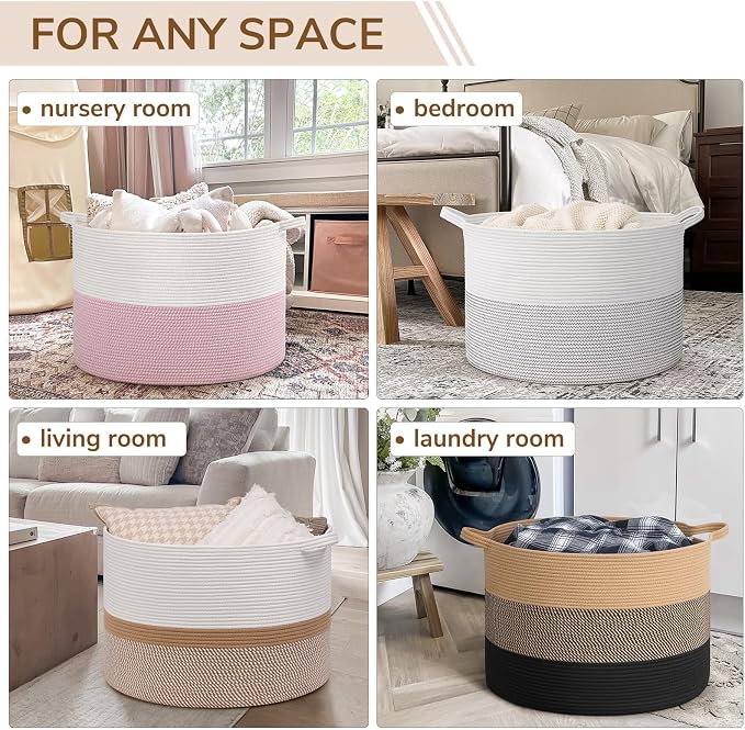 INDRESSME 115L Extra Large Woven Rope Blanket Basket Living Room WhiteCamel | 23.6" x 15.7" Storage baskets for toys laundry & pillows. Fits living room, bedroom or nursery décor. Soft-touch with handles