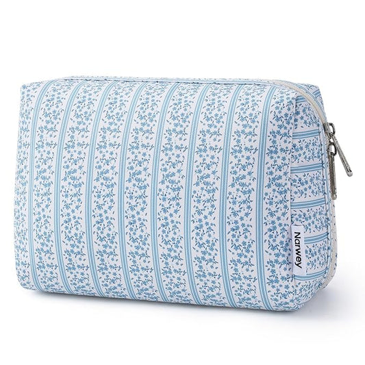 Narwey Cute Floral Makeup Bag Travel Cosmetic Bag Organizer Toiletry Bag Make Up Bags with Compartments for Women Girls (Blue Flower Buds, Large)