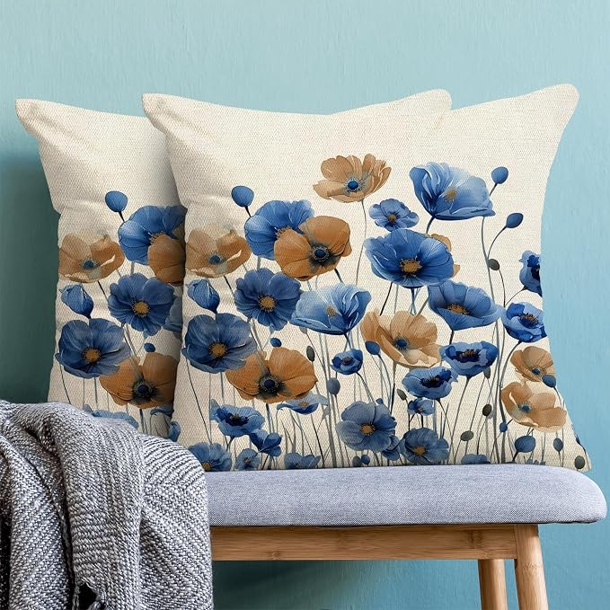 Spring Floral Pillow Covers 18x18 Set of 2 Blue Brown Flower Decorative Throw Pillow Covers Decoration Summer Seasonal Pillowcase Farmhouse Decorative Cushion Cover For Home Sofa Outdoor Decor