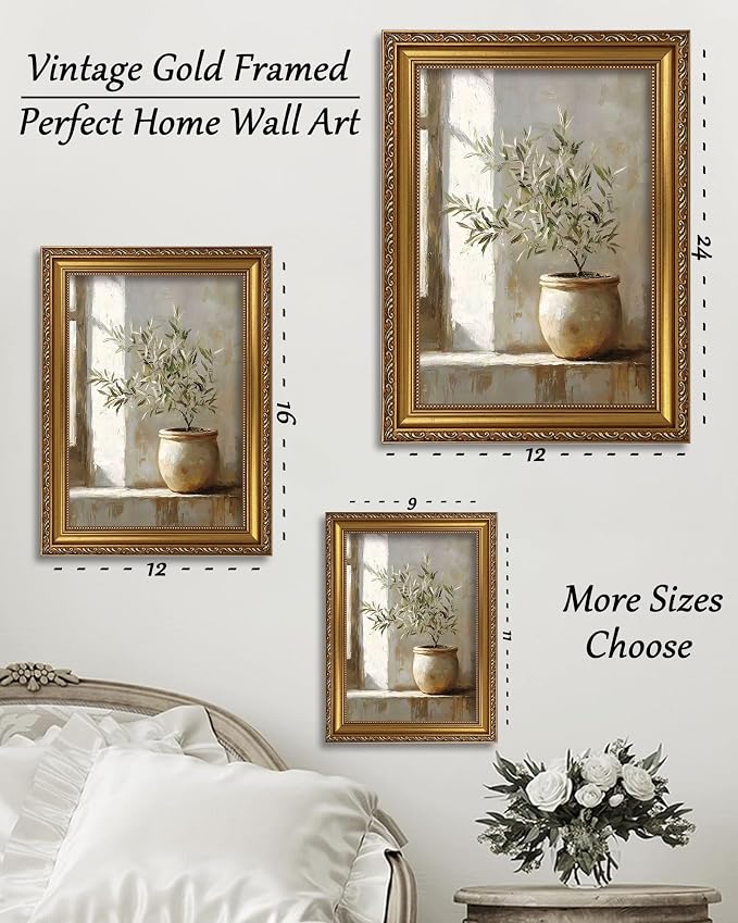 Vintage Gold Framed Wall Art Rustic Olive Branch Canvas Prints 12x16in | Farmhouse Still Life, Neutral Potted Plant Paintings, For Living Room Bedroom Kitchen