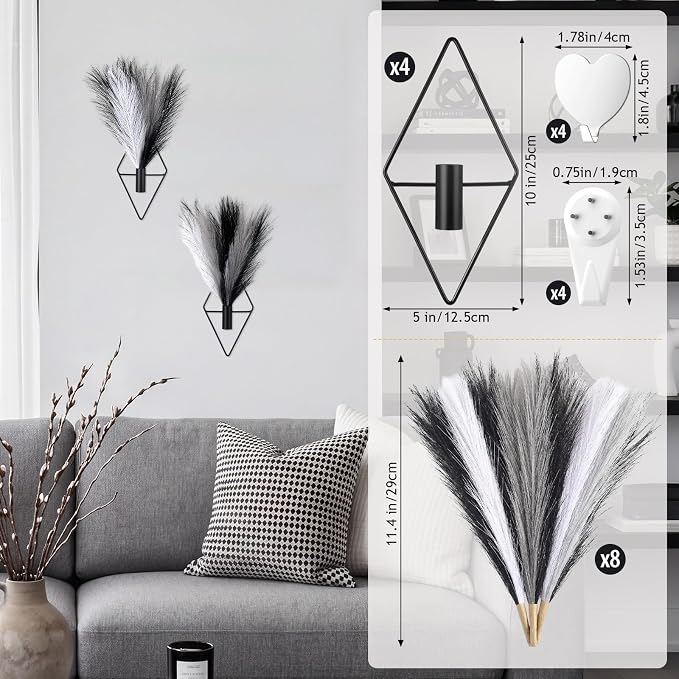 Hanaive 4 Sets Boho Wall Decor Metal Wall Art Hanging Planters with Artificial Pampas Display Modern Home Vase for Bedroom Home Office(Understated,Black，White，Light Gray)