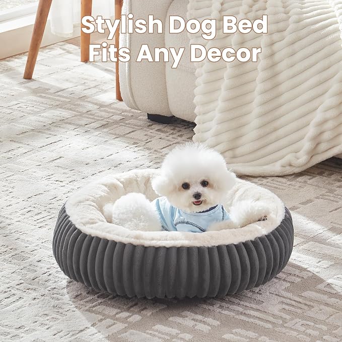 23 inches Calming Donut Dog Bed for Small Dogs,Charcoal | Round Puppy Pet Bed with Removable&Washable Cover,Milk Plush Faux Fur, Fits Pets up to 15 lbs
