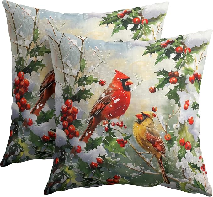 Kawani Winter Red Birds Pillow Covers 18x18 in Set of 2 Xmas Holly Berry Pine Branch Bird Cotton Linen Decorative Pillowcases Cushion Case for Couch Sofa Farmhouse Holiday Decor