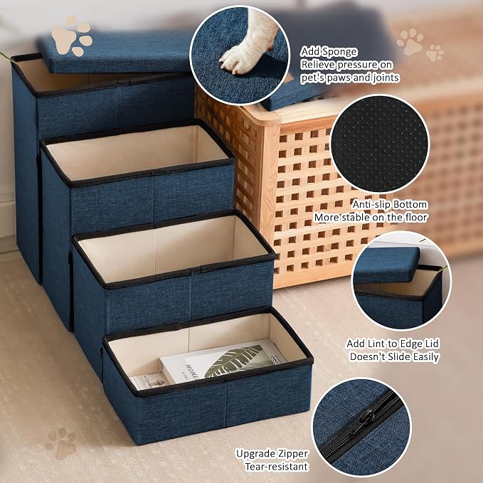 Love's cabin Dog Stairs for High Bed, Foldable Pet Stairs for Small Medium or Large Dogs Puppy with Storage for Bed or Couch, Cat Dog Steps Ramp with Zip up to 200 lbs, Navy Blue, 4 Steps