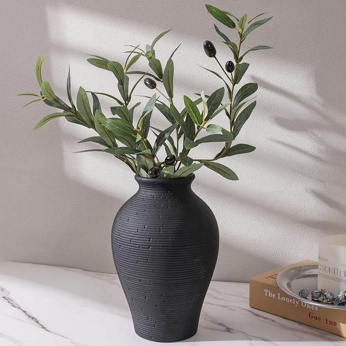 Ceramic Flower Vase Home Decor, 9 in Farmhouse Table Vases Rustic Vintage Living Room Kitchen Bedroom Pottery Decorative Vases for Flowers House Book Shelf Office Coffee Desk Dining Entryway, Black